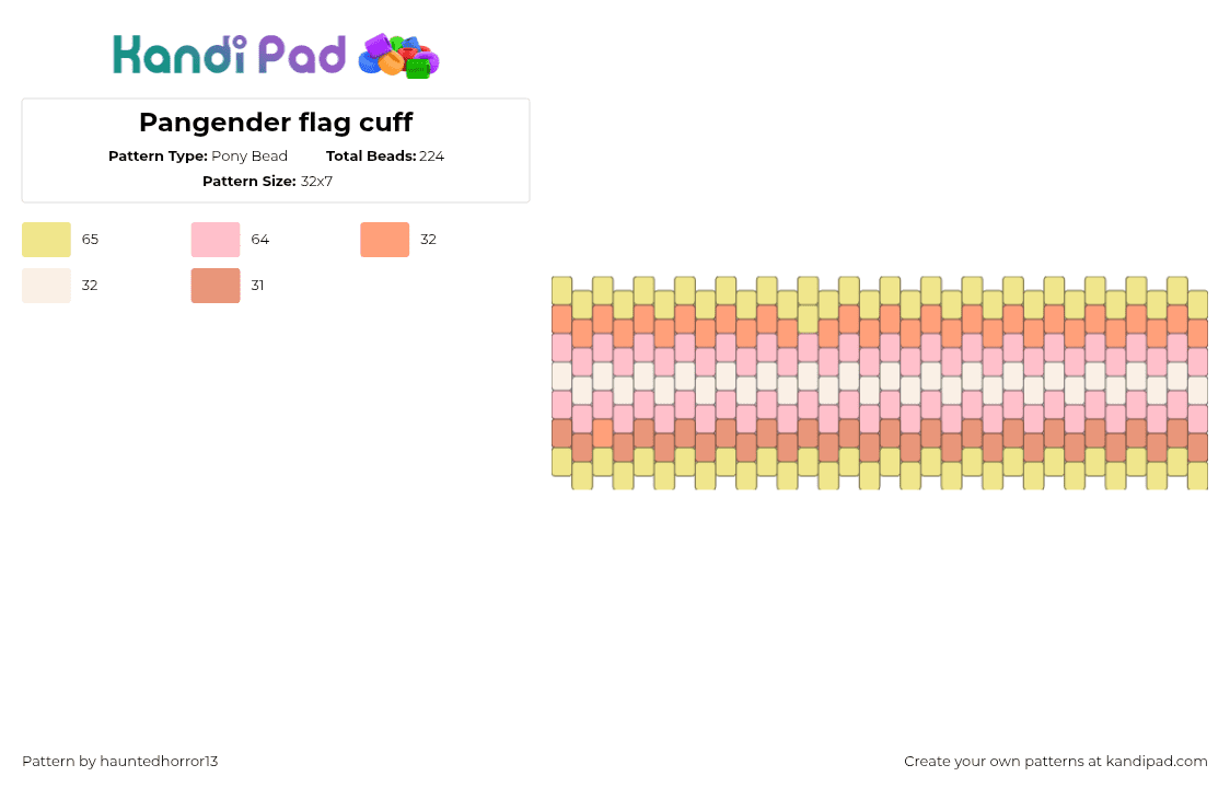 Pangender flag cuff - Pony Bead Pattern by hauntedhorror13 on Kandi Pad - yellow,orange,pink,pangender,prideflag,pan,cuff