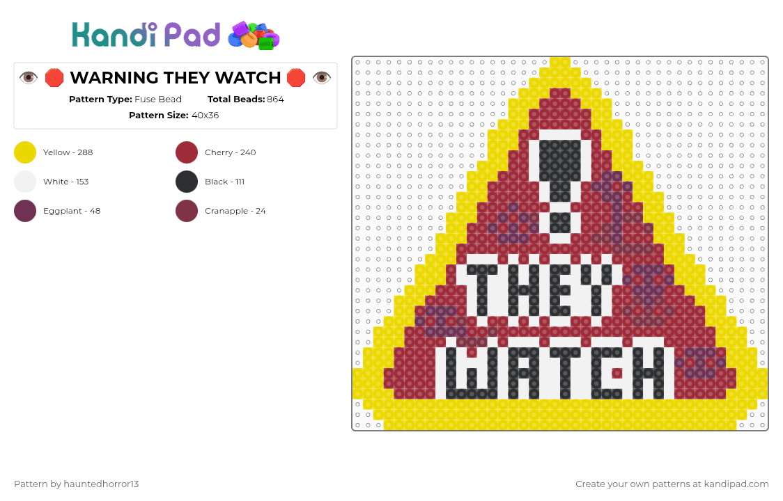 👁️ 🛑 WARNING THEY WATCH 🛑 👁️ - Fuse Bead Pattern by hauntedhorror13 on Kandi Pad - yellow,red,weirdcore,sign,warning,liminal space,backrooms