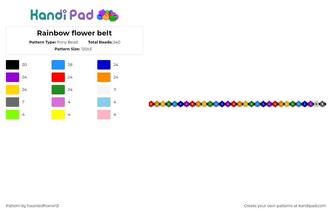 Rainbow flower belt - Pony Bead Pattern by hauntedhorror13 on Kandi Pad - purple,red,yellow,colorful,belt,flowers,kandi,rainbow