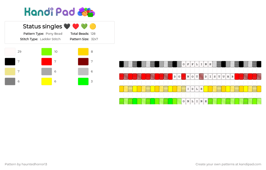 Status singles 🖤 ♥️ 💚 🟡 - Pony Bead Pattern by hauntedhorror13 on Kandi Pad - yellow,green