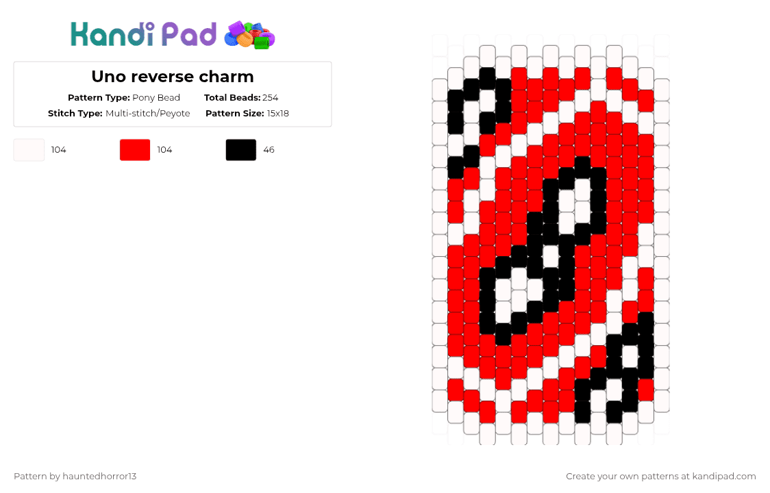Uno reverse charm - Pony Bead Pattern by hauntedhorror13 on Kandi Pad - white,red,uno,uno reverse,card