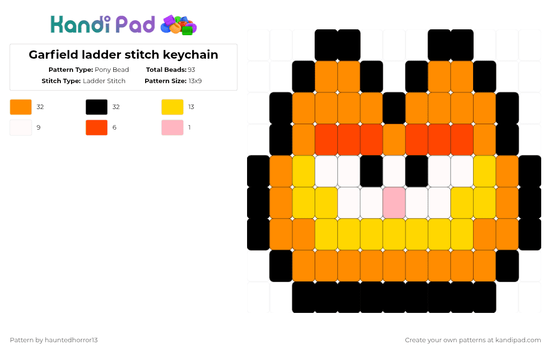 Garfield ladder stitch keychain - Pony Bead Pattern by hauntedhorror13 on Kandi Pad - orange,yellow,garfield,cat