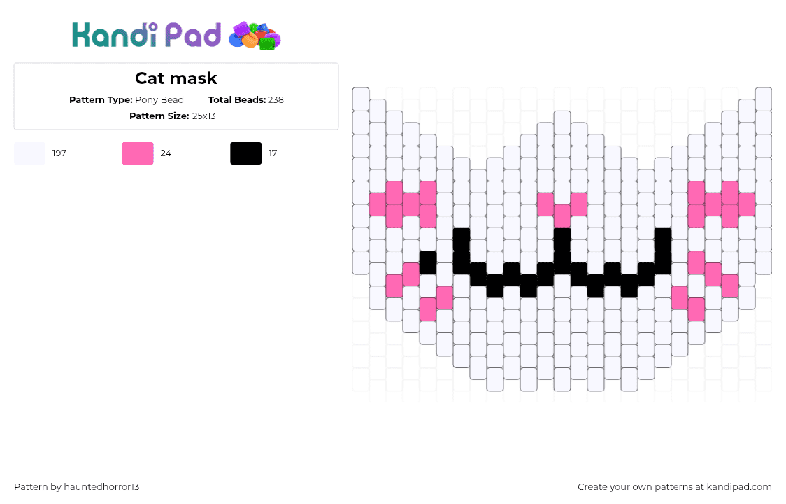 Cat mask - Pony Bead Pattern by hauntedhorror13 on Kandi Pad - white,mask,kitty,cat,face mask
