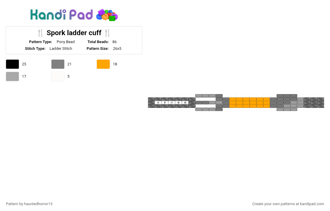 🍴 Spork ladder cuff 🍴 - Pony Bead Pattern by hauntedhorror13 on Kandi Pad - gray,orange,cotdutensils