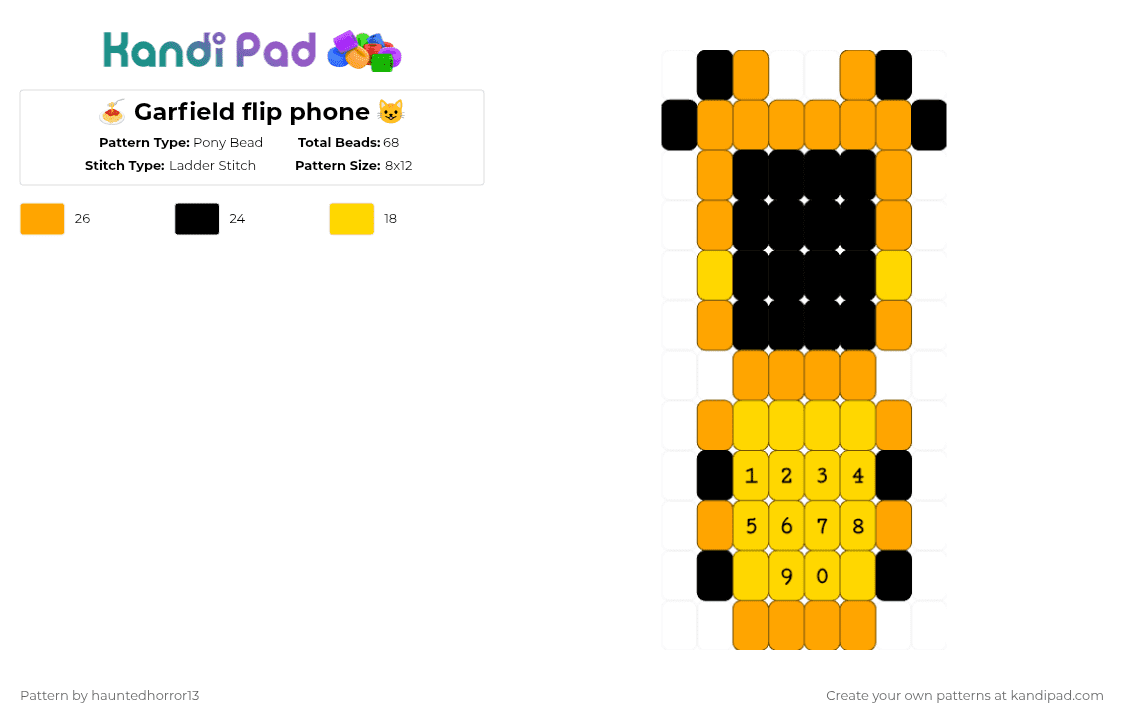 🍝 Garfield flip phone 😺 - Pony Bead Pattern by hauntedhorror13 on Kandi Pad - orange,yellow,flip phone,garfield