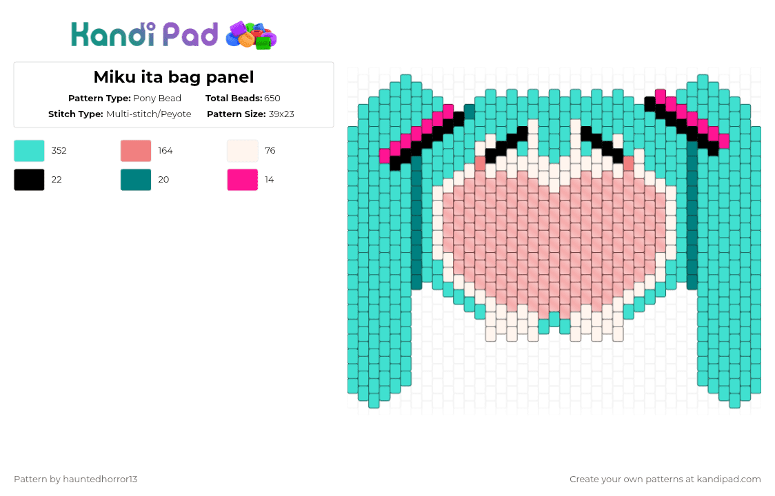 Miku ita bag panel - Pony Bead Pattern by hauntedhorror13 on Kandi Pad - light blue,red,miku,hatsune miku,bag,ita bag
