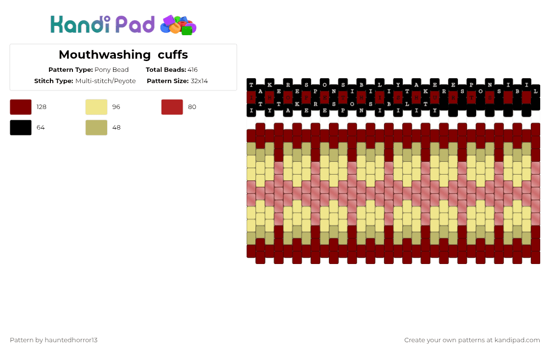 Mouthwashing  cuffs - Pony Bead Pattern by hauntedhorror13 on Kandi Pad - brown,yellow,mouthwashing,video game,cuffs,cuff,mouth,ponyexpress,indie game