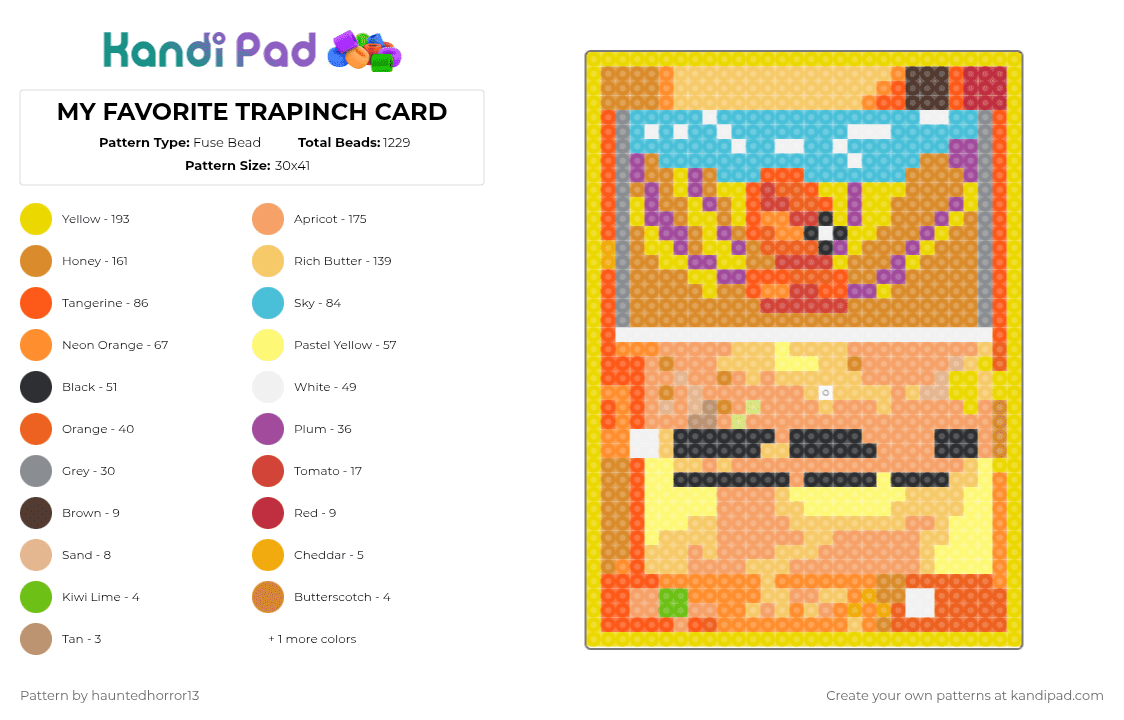 MY FAVORITE TRAPINCH CARD - Fuse Bead Pattern by hauntedhorror13 on Kandi Pad - yellow,orange,cotdtradingcards,pokemon card,pokemon,nintendo,trapinch