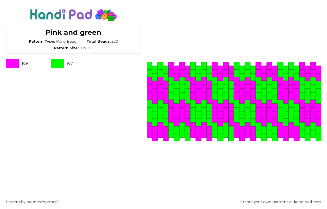 Pink and green - Pony Bead Pattern by hauntedhorror13 on Kandi Pad - green,pink,magenta,cuff
