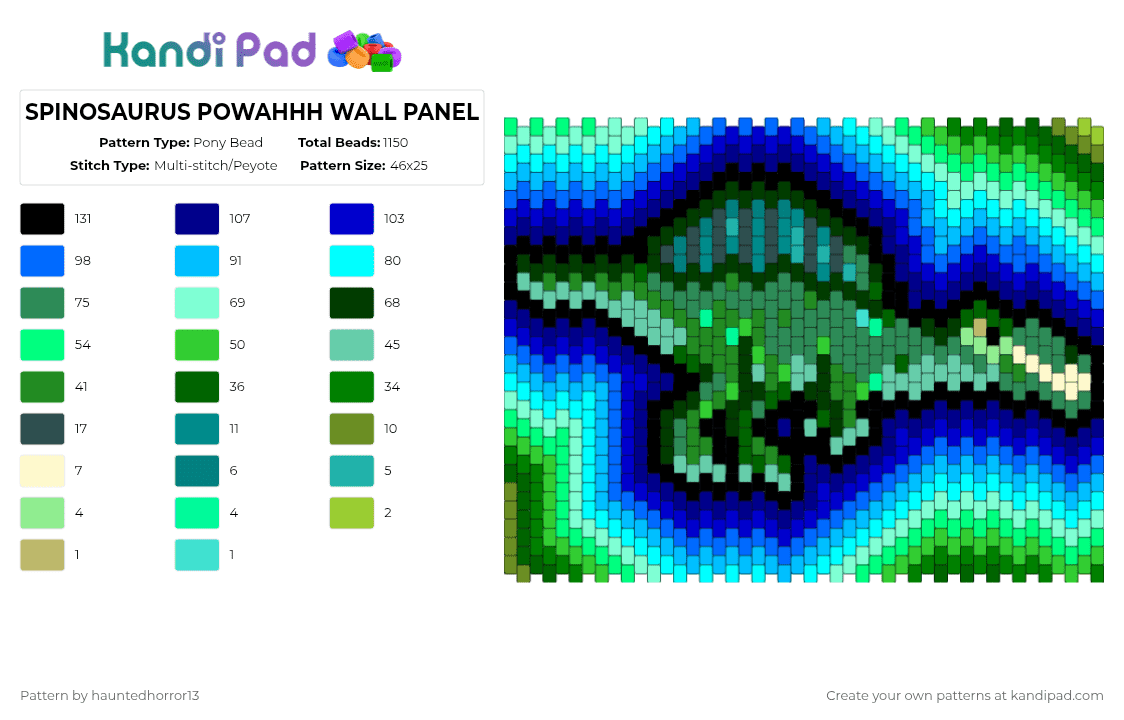 SPINOSAURUS POWAHHH WALL PANEL - Pony Bead Pattern by hauntedhorror13 on Kandi Pad - green,teal,light blue,purple,dinosaur,dinosaurs,spinosaurus