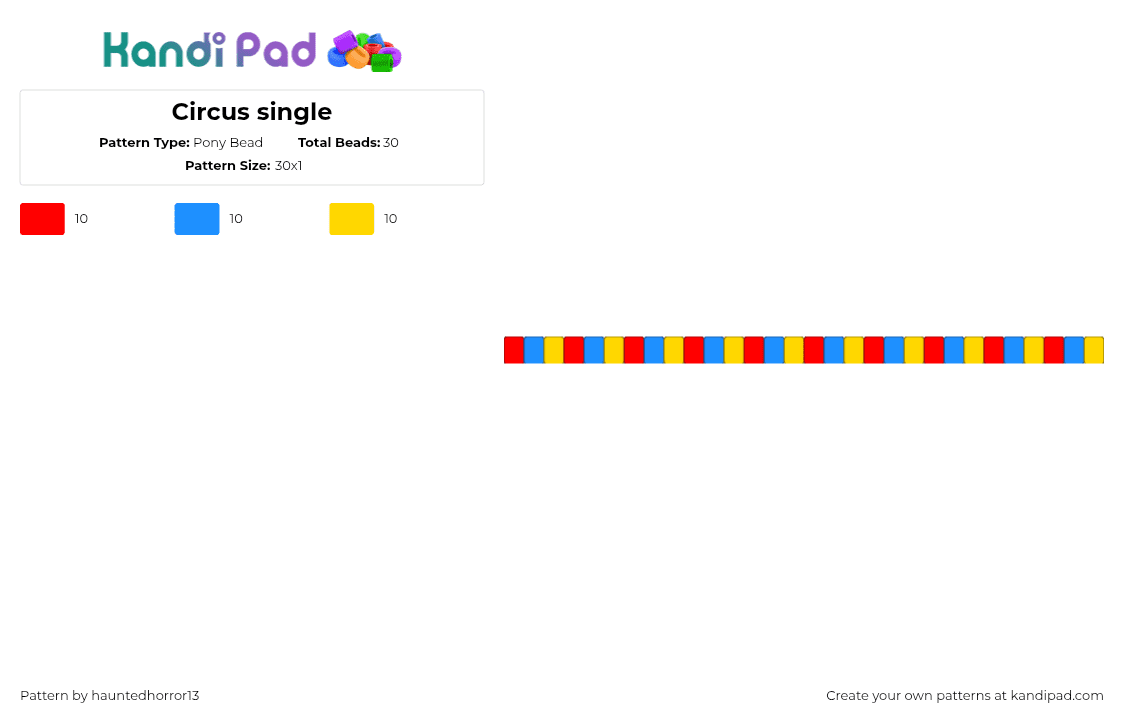 Circus single - Pony Bead Pattern by hauntedhorror13 on Kandi Pad - red,light blue,yellow,circus,clown,single