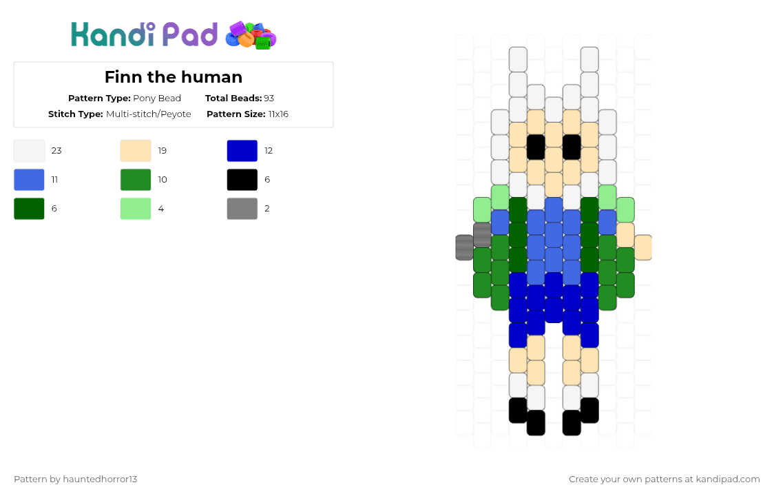 Finn the human - Pony Bead Pattern by hauntedhorror13 on Kandi Pad - beige,green,blue,purple,adventure time,finn,little guy