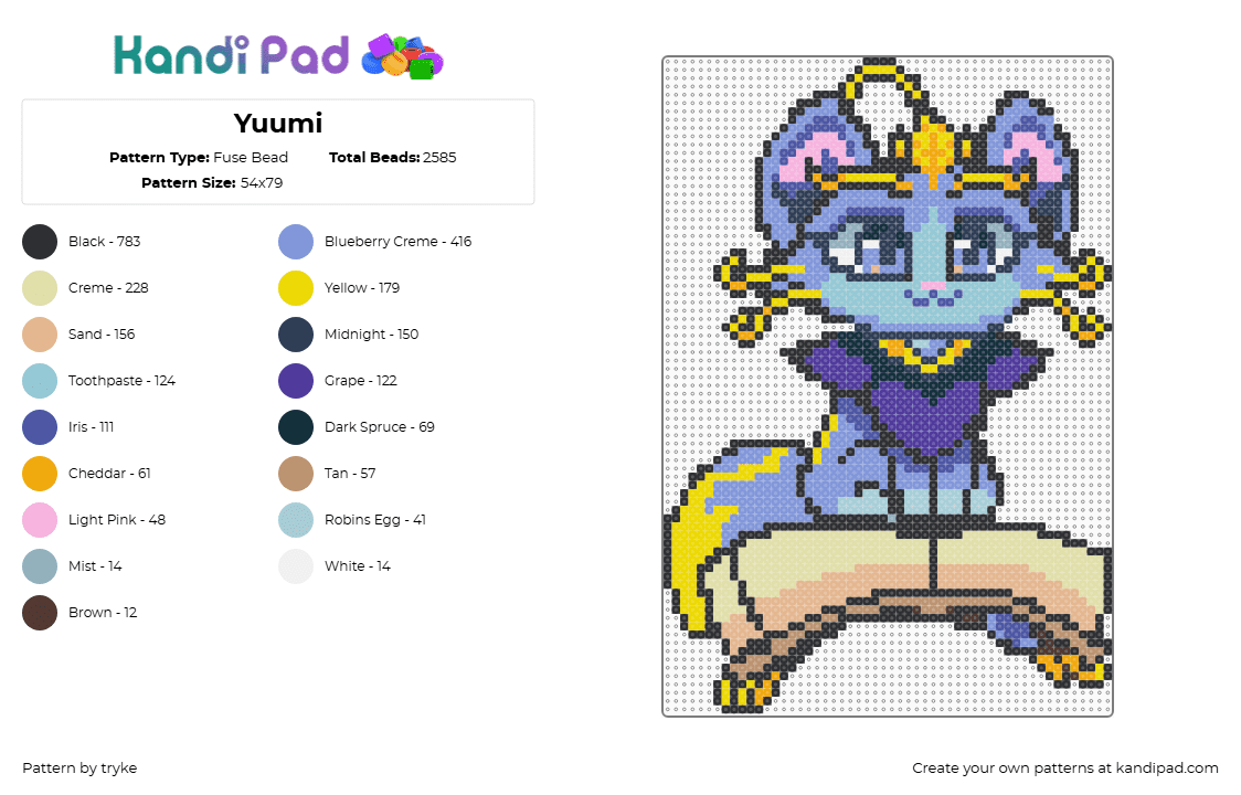 Yuumi - Fuse Bead Pattern by tryke on Kandi Pad - purple,light blue,yellow