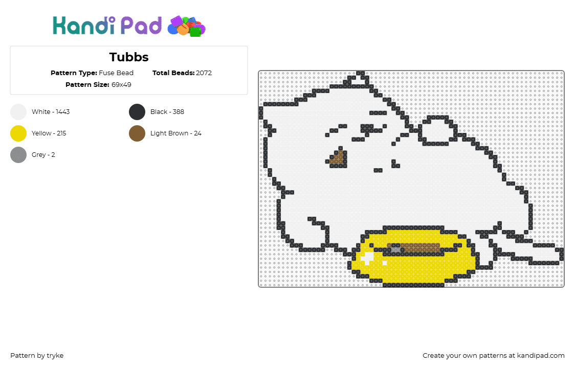 Tubbs - Fuse Bead Pattern by tryke on Kandi Pad - tubbs,kitty collector,gaming,animal,white,yellow,cat,neko atsume,chunky,white cat