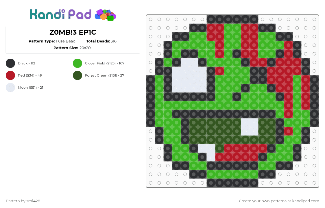 Z0MB!3 EP1C - Fuse Bead Pattern by smi428 on Kandi Pad - zombie,blood,halloween,spooky,charm,holiday,green,epic face,silly