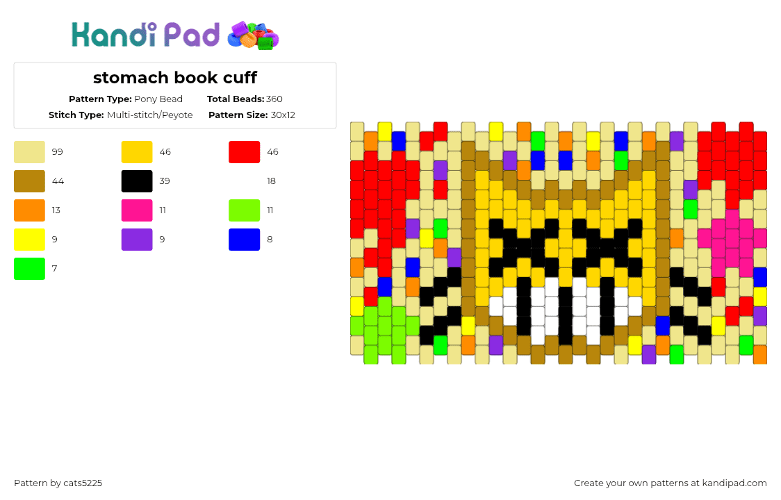 stomach book cuff - Pony Bead Pattern by cats5225 on Kandi Pad - gold,yellow,red