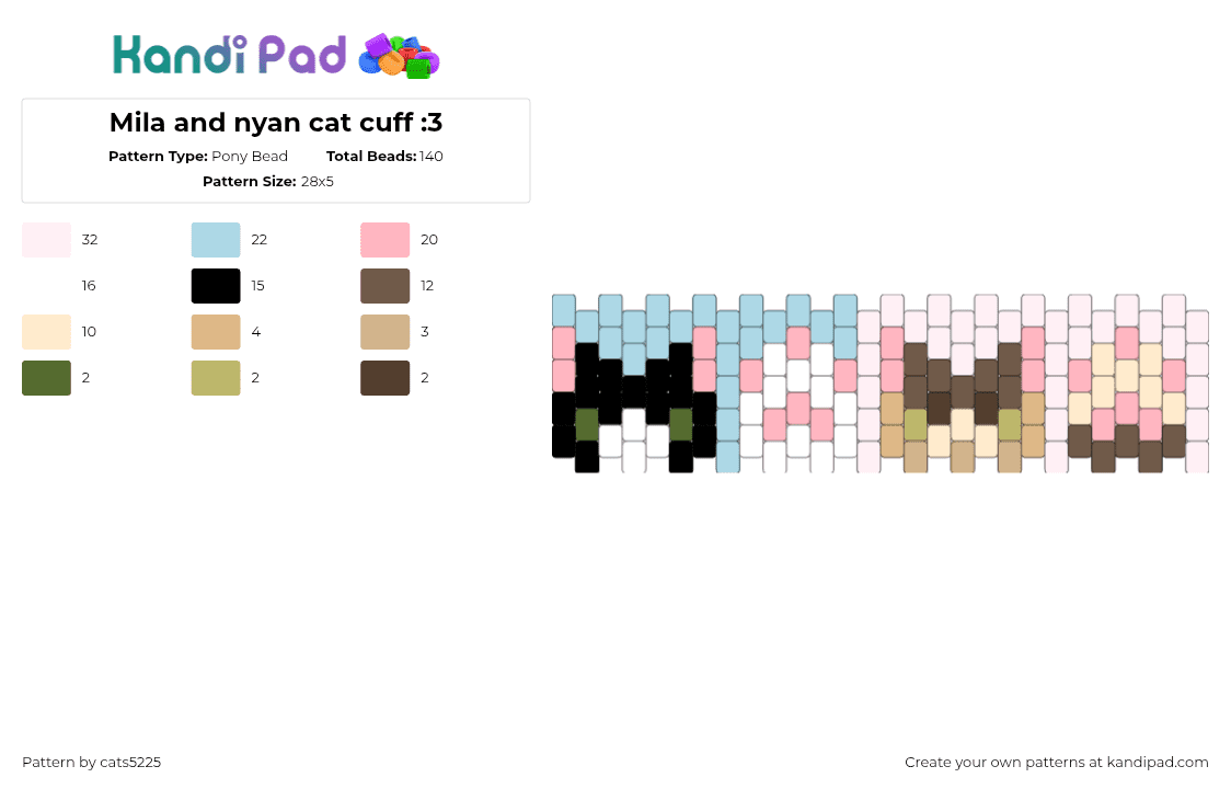 Mila and nyan cat cuff :3 - Pony Bead Pattern by cats5225 on Kandi Pad - pink,light blue,tan,beige,cats,paw