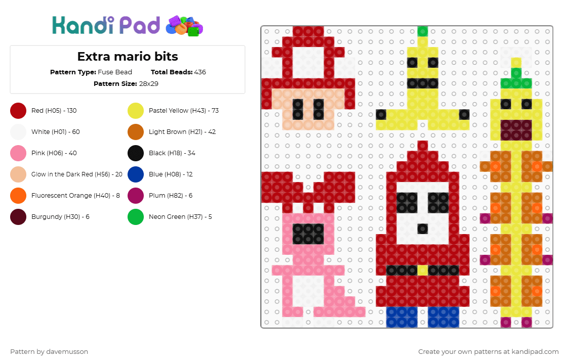 Extra mario bits - Fuse Bead Pattern by davemusson on Kandi Pad - pink,red,yellow,orange