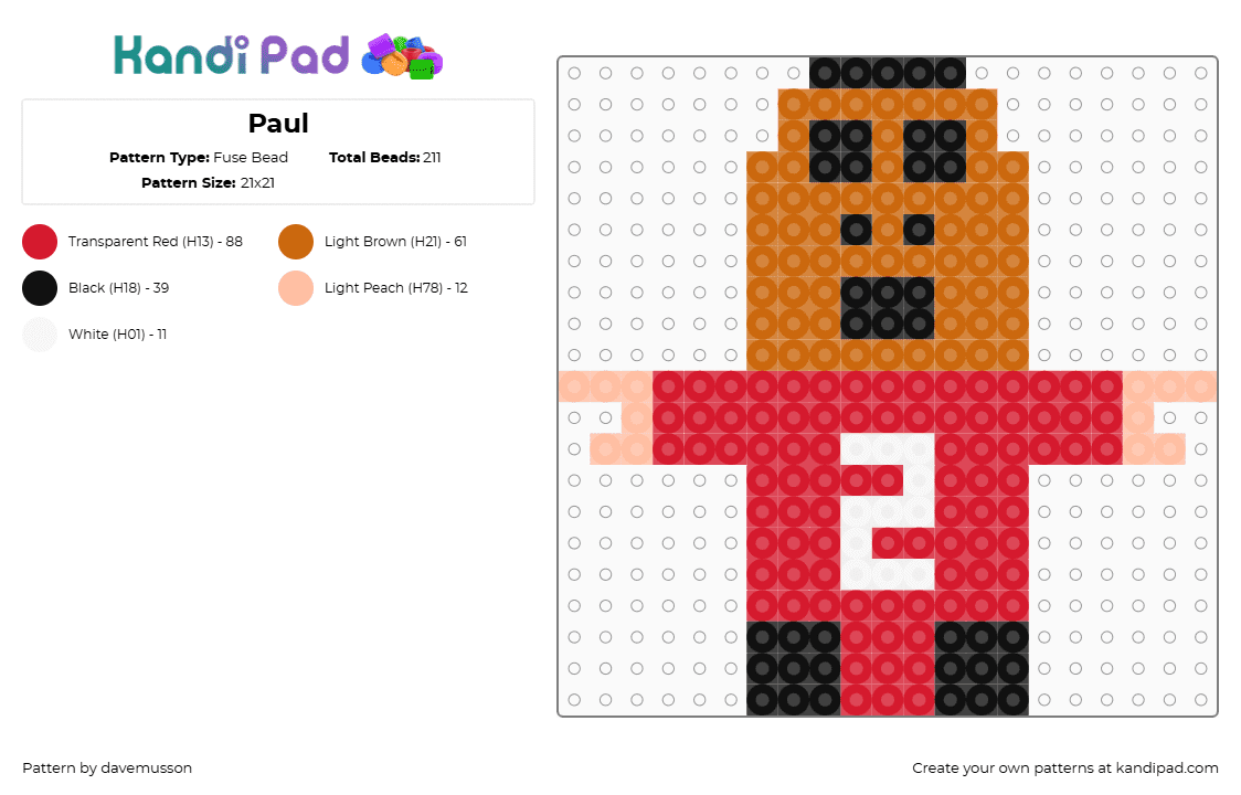 Paul - Fuse Bead Pattern by davemusson on Kandi Pad - red,orange