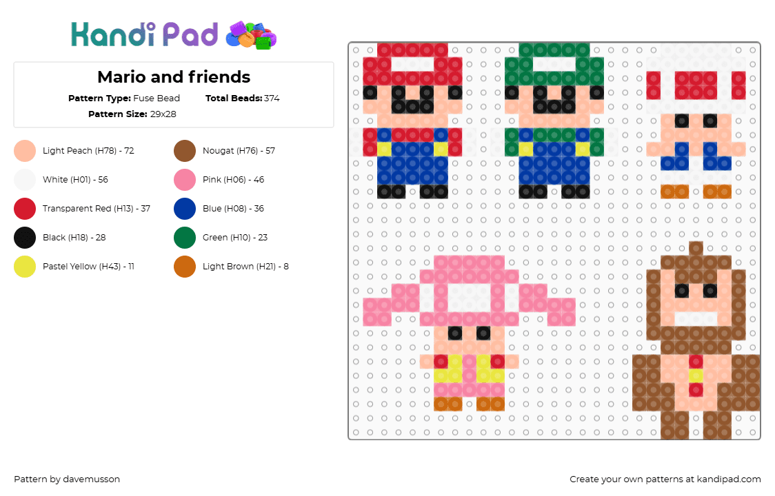 Mario and friends - Fuse Bead Pattern by davemusson on Kandi Pad - beige,blue,tan,colorful