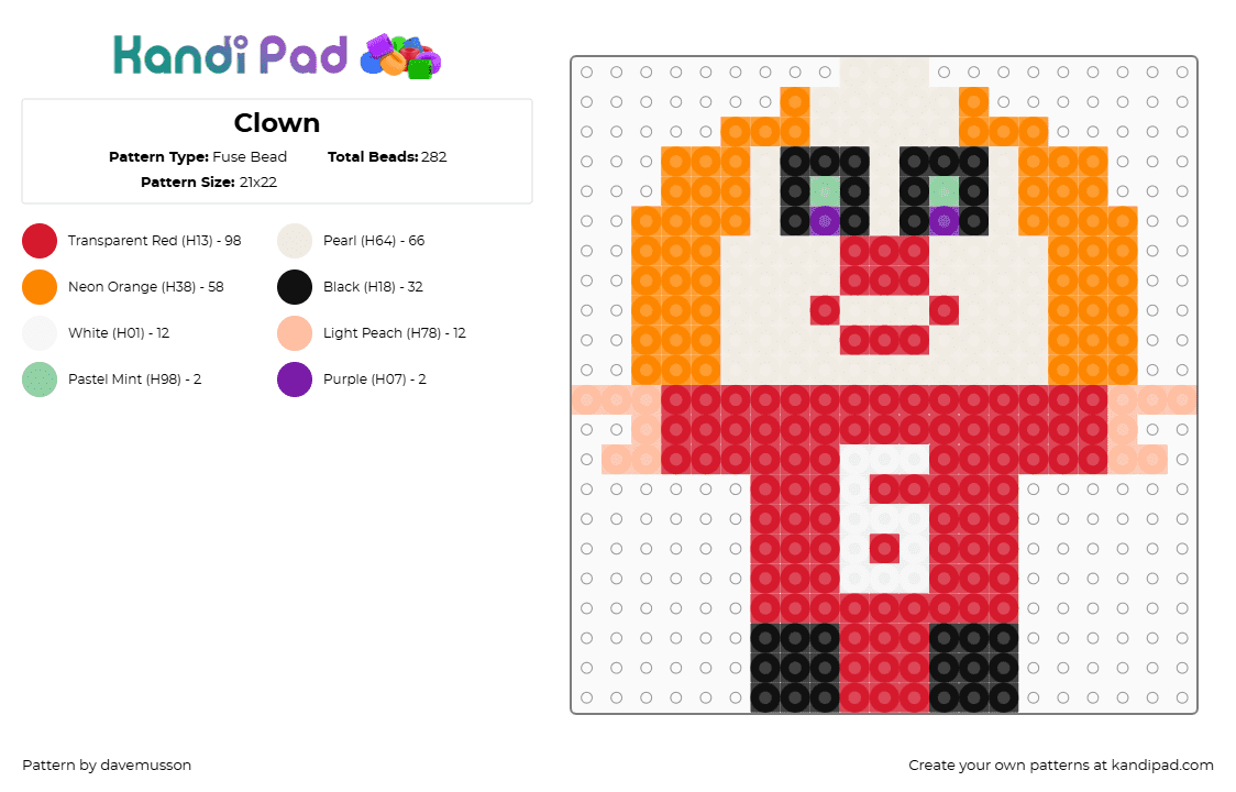 Clown - Fuse Bead Pattern by davemusson on Kandi Pad - red,orange