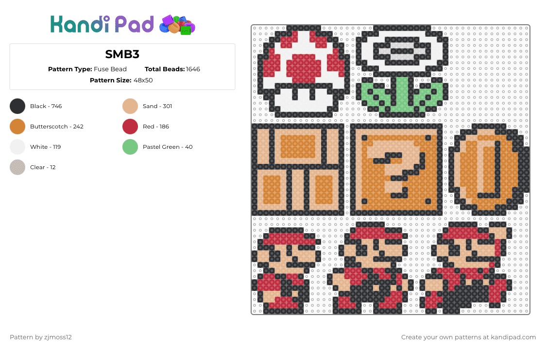 SMB3 - Fuse Bead Pattern by zjmoss12 on Kandi Pad - super mario,super mario bros,video game,mario,nintendo,game,gaming,red,beige,orange