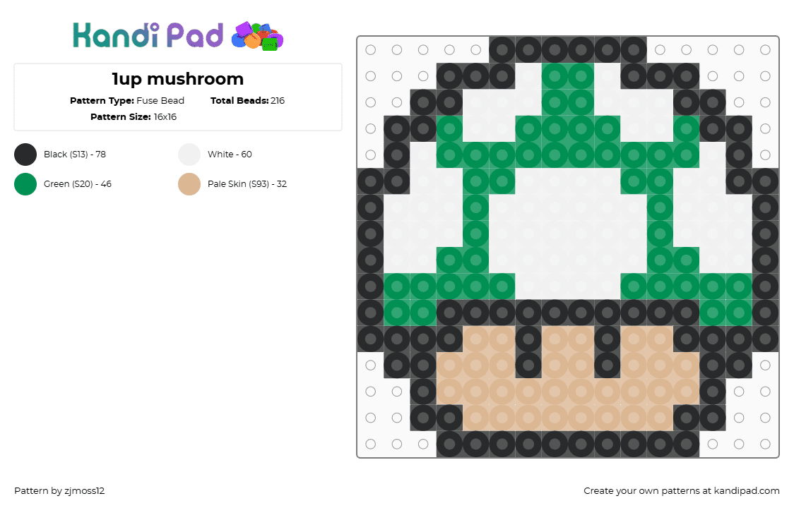 1up mushroom - Fuse Bead Pattern by zjmoss12 on Kandi Pad - green,beige