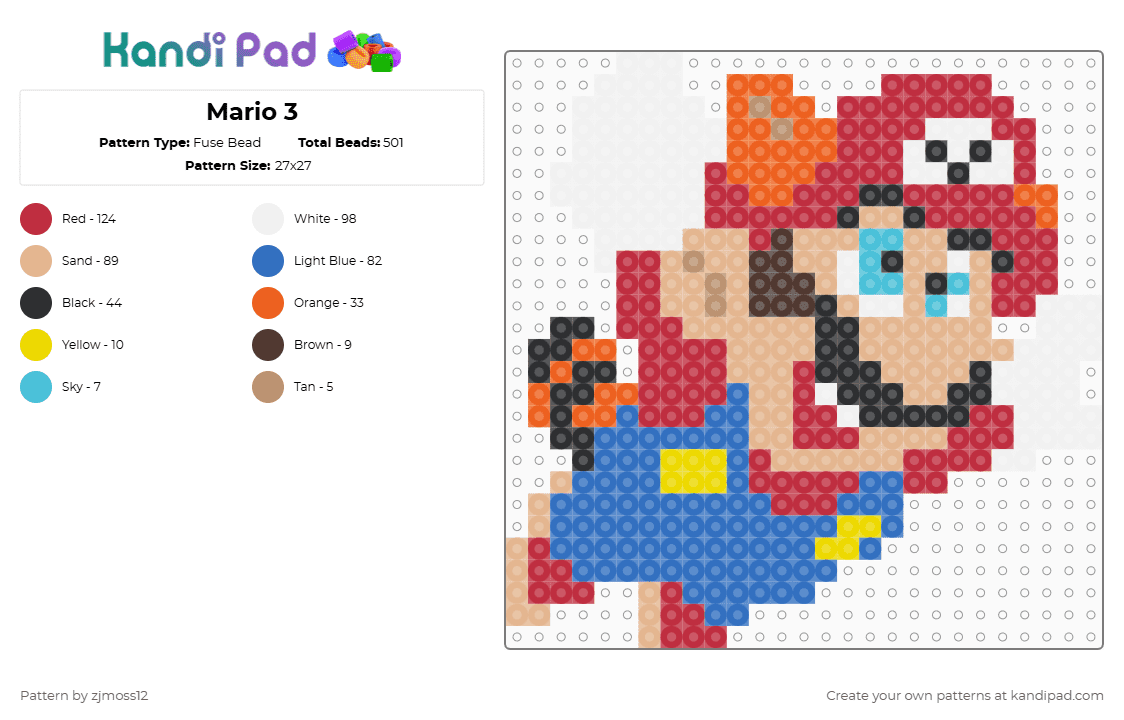 Mario 3 - Fuse Bead Pattern by zjmoss12 on Kandi Pad - beige,red,blue