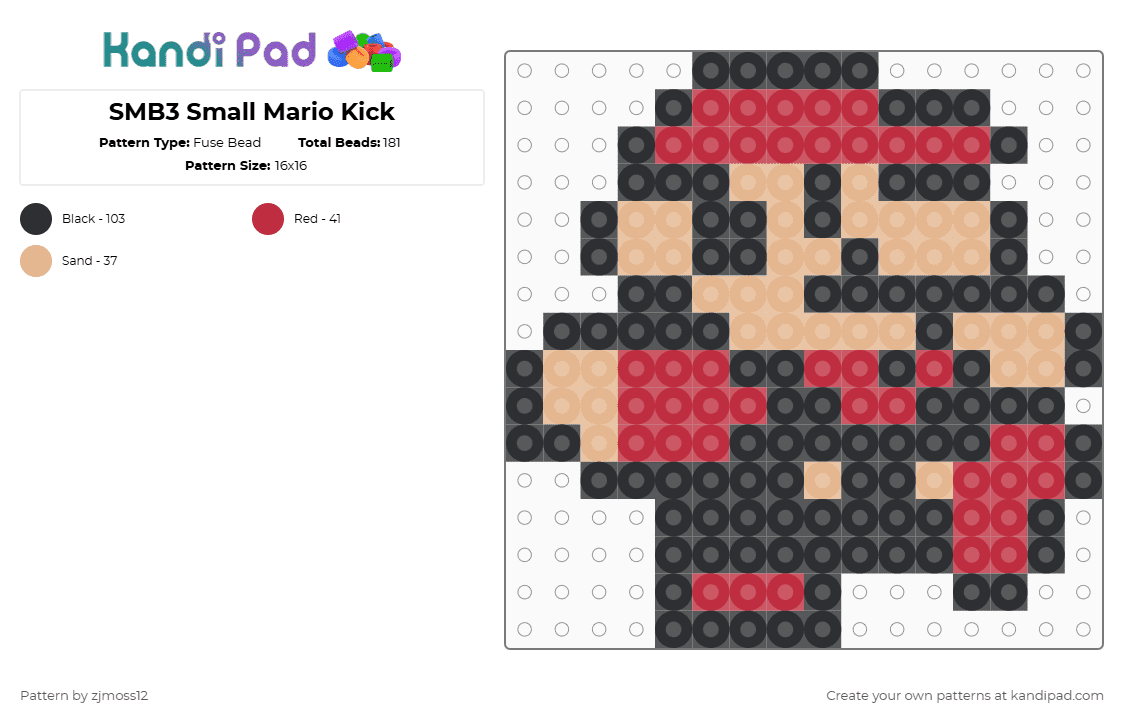 SMB3 Small Mario Kick - Fuse Bead Pattern by zjmoss12 on Kandi Pad - red,beige