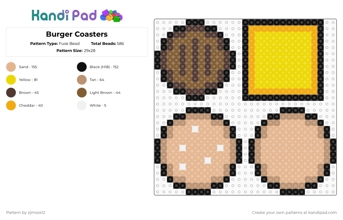 Burger Coasters - Fuse Bead Pattern by zjmoss12 on Kandi Pad - beige,yellow