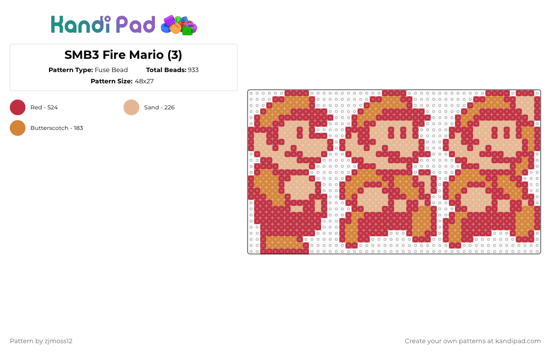 SMB3 Fire Mario (3) - Fuse Bead Pattern by zjmoss12 on Kandi Pad - red