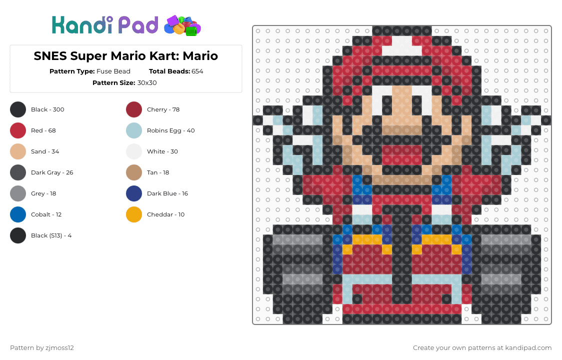 SNES Super Mario Kart: Mario - Fuse Bead Pattern by zjmoss12 on Kandi Pad - black,red,beige