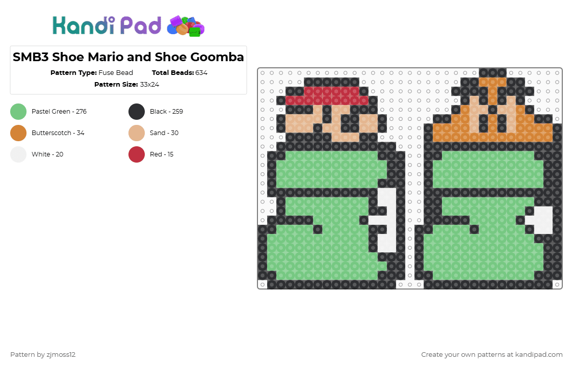 SMB3 Shoe Mario and Shoe Goomba - Fuse Bead Pattern by zjmoss12 on Kandi Pad - teal