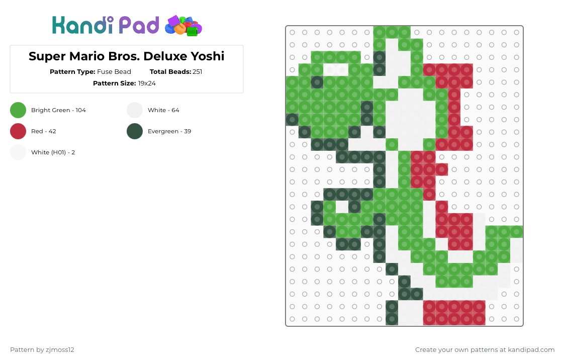 Super Mario Bros. Deluxe Yoshi - Fuse Bead Pattern by zjmoss12 on Kandi Pad - green