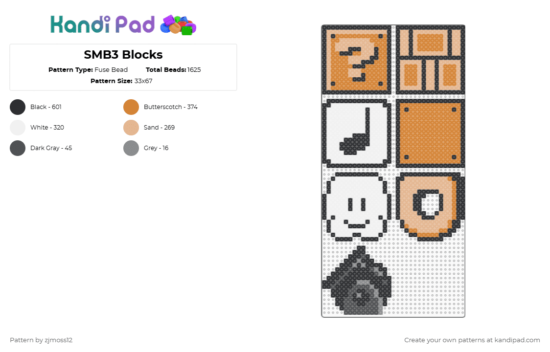 SMB3 Blocks - Fuse Bead Pattern by zjmoss12 on Kandi Pad - smb3,blocks,video game,super mario bros,nintendo,gaming,beige,orange