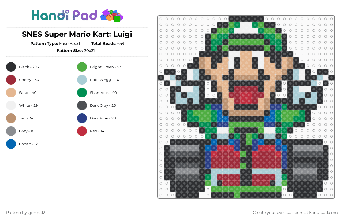 SNES Super Mario Kart: Luigi - Fuse Bead Pattern by zjmoss12 on Kandi Pad - black,green,red,beige