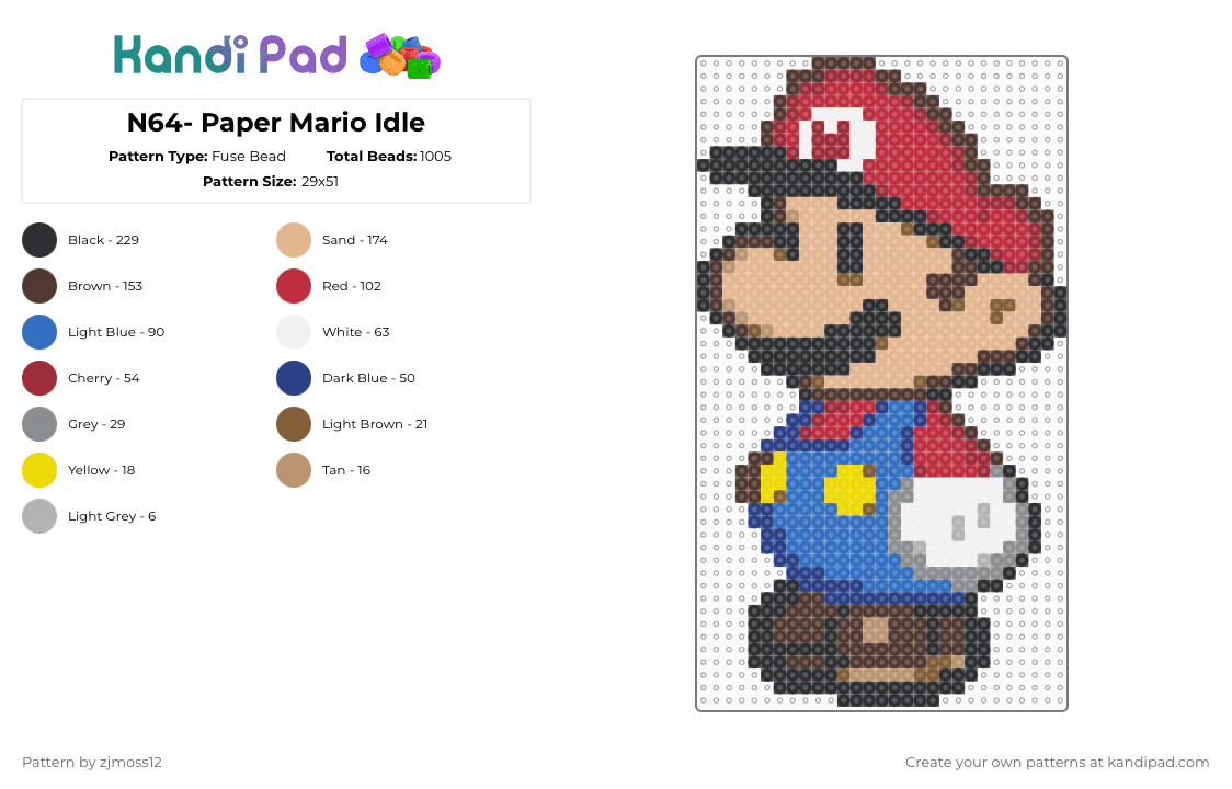 N64- Paper Mario Idle - Fuse Bead Pattern by zjmoss12 on Kandi Pad - beige,brown,blue,red