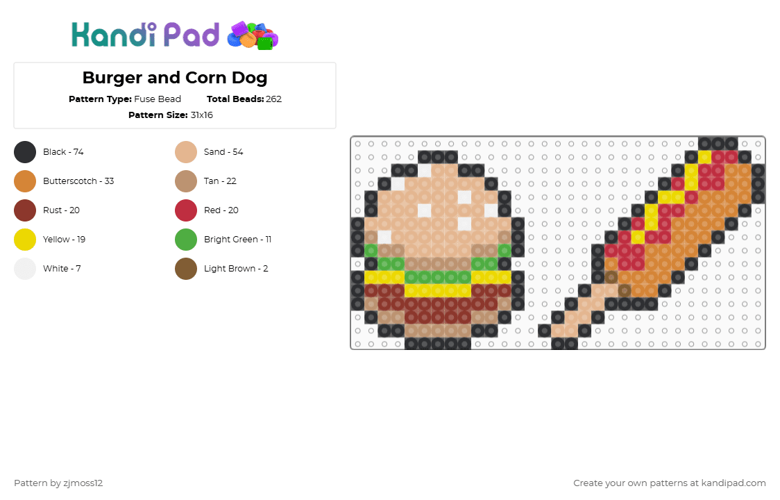 Burger and Corn Dog - Fuse Bead Pattern by zjmoss12 on Kandi Pad - beige,red,orange