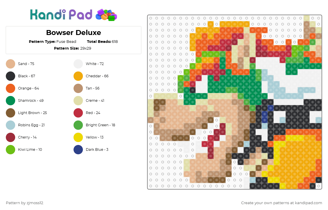 Bowser Deluxe - Fuse Bead Pattern by zjmoss12 on Kandi Pad - orange,yellow,beige,green