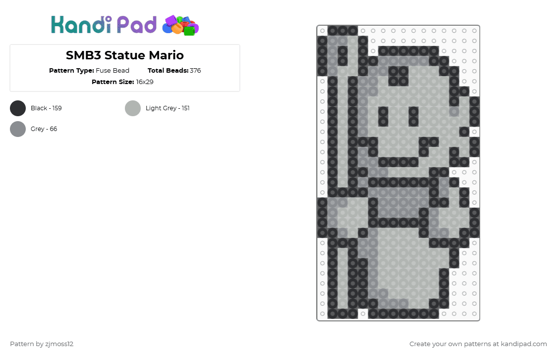 SMB3 Statue Mario - Fuse Bead Pattern by zjmoss12 on Kandi Pad - gray,beige