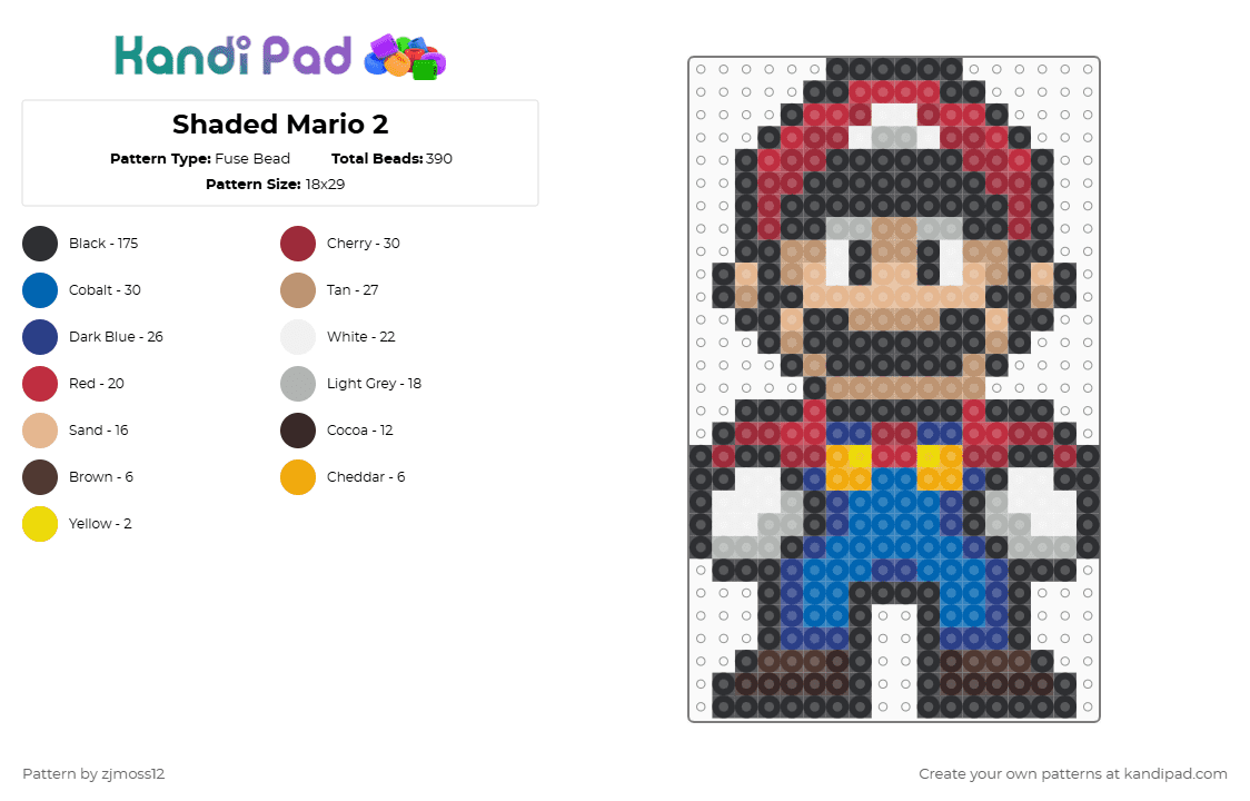 Shaded Mario 2 - Fuse Bead Pattern by zjmoss12 on Kandi Pad - black,beige,red,blue