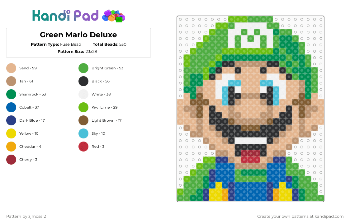 Green Mario Deluxe - Fuse Bead Pattern by zjmoss12 on Kandi Pad - green,blue,beige