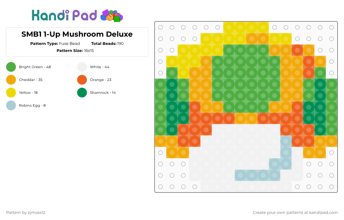 SMB1 1-Up Mushroom Deluxe - Fuse Bead Pattern by zjmoss12 on Kandi Pad - orange,green