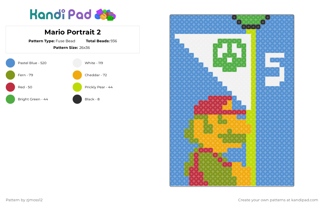 Mario Portrait 2 - Fuse Bead Pattern by zjmoss12 on Kandi Pad - light blue