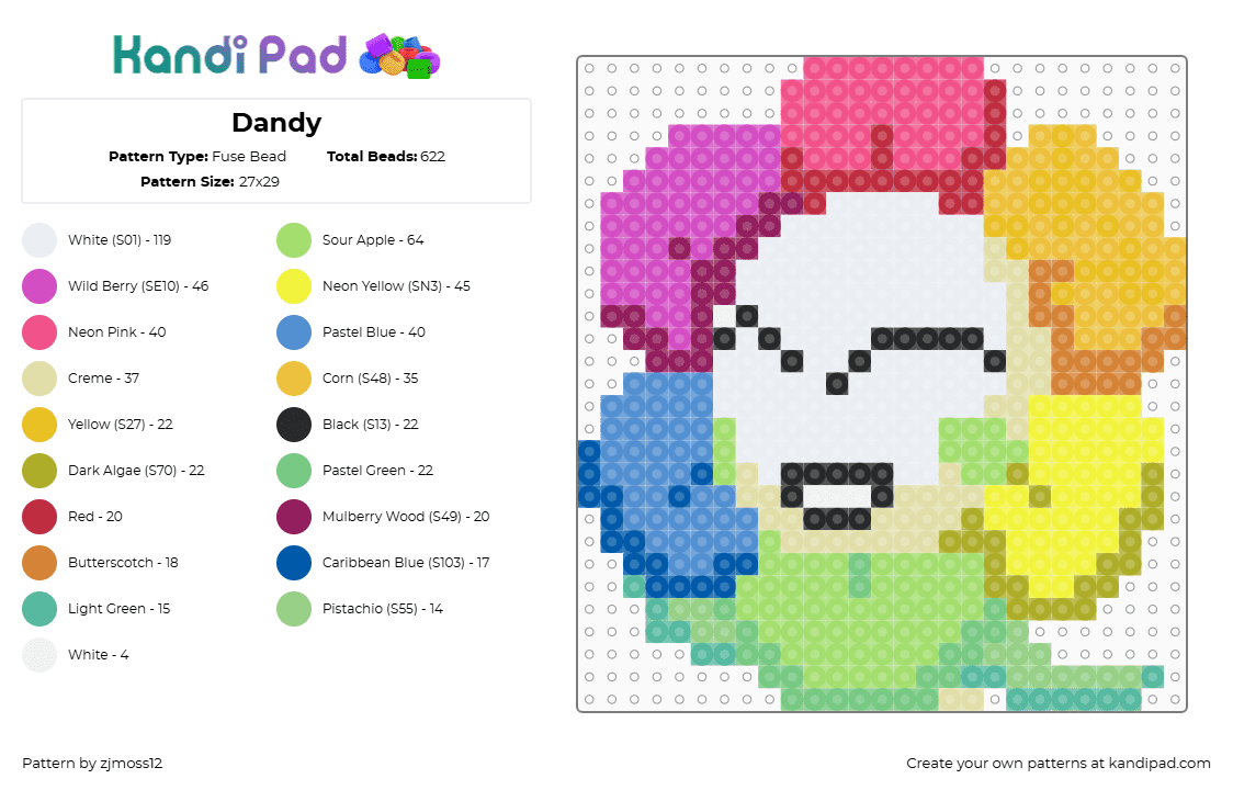 Dandy - Fuse Bead Pattern by zjmoss12 on Kandi Pad - pink,yellow,green