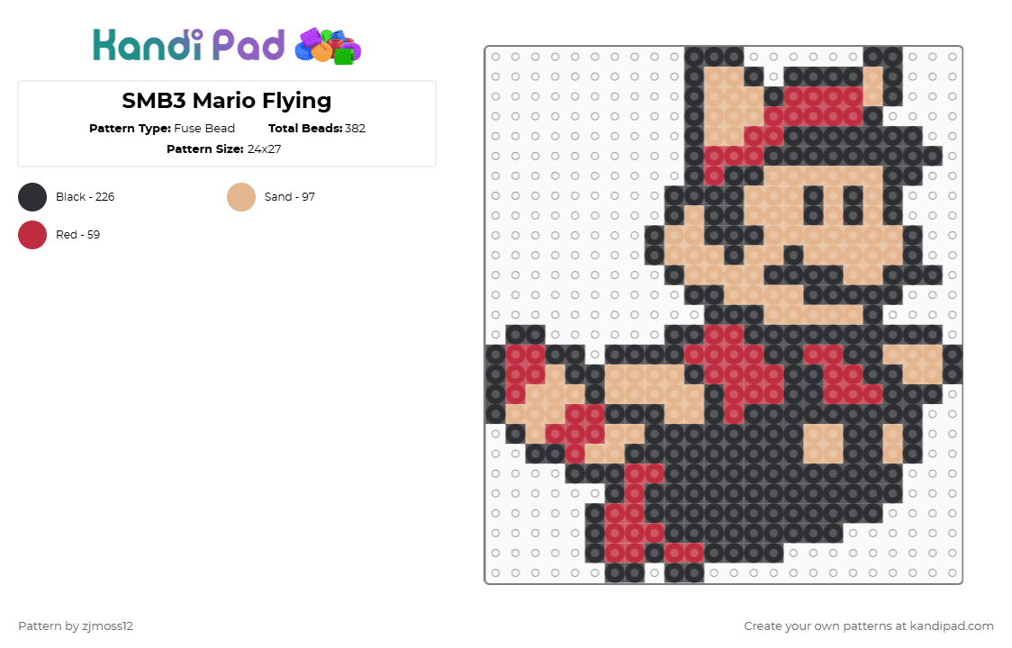 SMB3 Mario Flying - Fuse Bead Pattern by zjmoss12 on Kandi Pad - red,beige