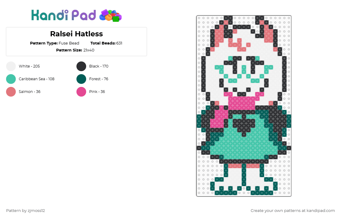 Ralsei Hatless - Fuse Bead Pattern by zjmoss12 on Kandi Pad - gray,teal