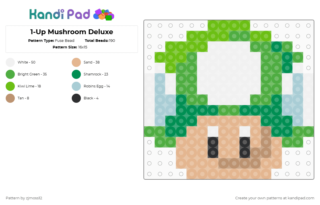 1-Up Mushroom Deluxe - Fuse Bead Pattern by zjmoss12 on Kandi Pad - beige,green