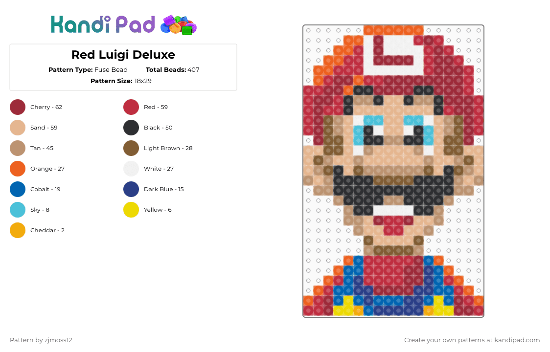 Red Luigi Deluxe - Fuse Bead Pattern by zjmoss12 on Kandi Pad - red,beige