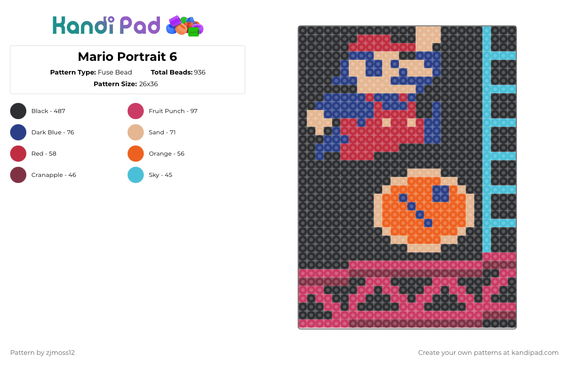 Mario Portrait 6 - Fuse Bead Pattern by zjmoss12 on Kandi Pad - black,pink,blue,colorful